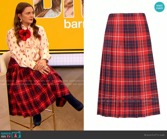 Prada Plaid Pleated Skirt worn by Drew Barrymore on The Drew Barrymore Show