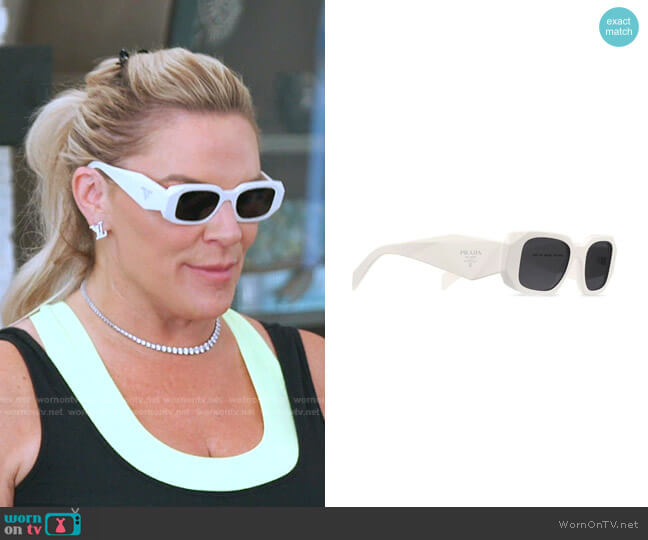 Prada Rectangle-Frame Tinted Sunglasses worn by Heather Gay on The Real Housewives of Salt Lake City