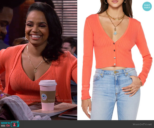 Ramy Brook Corey Cardigan in Mimosa worn by Randi (Kyla Pratt) on Call Me Kat