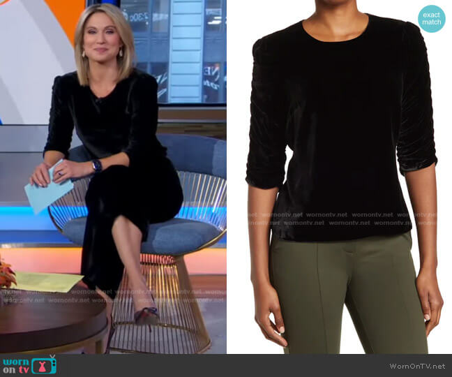 Rebecca Taylor Long Sleeve Ruched Velvet Top worn by Amy Robach on Good Morning America