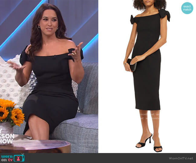 Rebecca Vallance Winslow off-the-shoulder bow-embellished textured-crepe midi dress