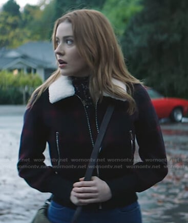 Nancy’s red plaid shearling collar jacket on Nancy Drew