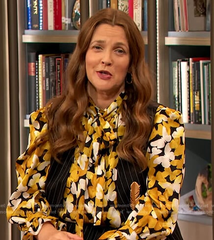Drew’s butterfly print tie neck blouse on The Drew Barrymore Show