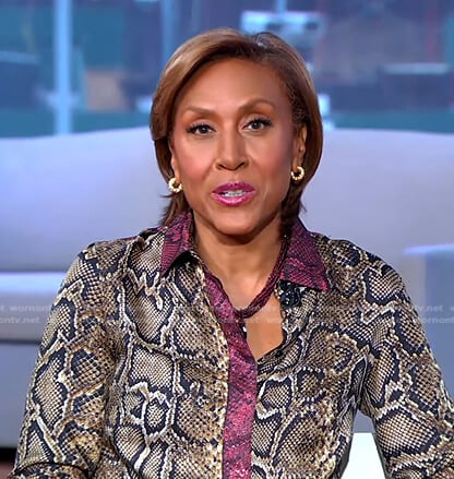 Robin’s snake print blouse and burgundy pants on Good Morning America