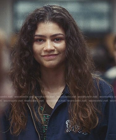 Rue’s navy Peels jacket on Euphoria