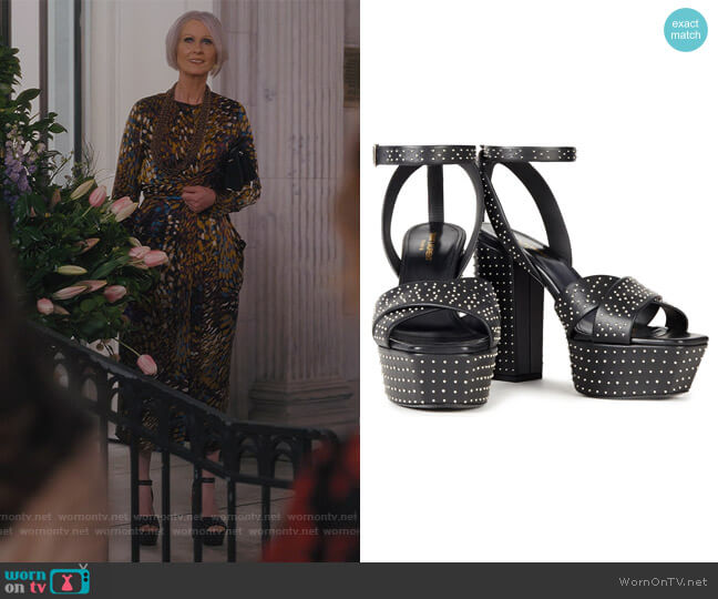 Saint Laurent Studded leather platform sandals worn by Miranda Hobbs (Cynthia Nixon) on And Just Like That