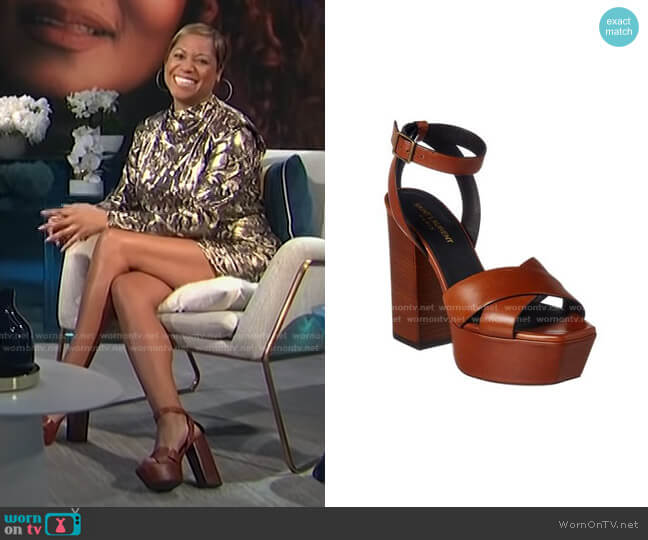 Saint Laurent Farrah Calfskin Platform Sandals worn by Monique Kelley on E! News
