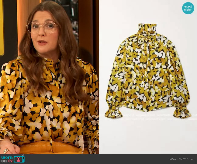 Saint Laurent Pussy-Bow Ruffled Silk-Satin Jacquard Blouse worn by Drew Barrymore on The Drew Barrymore Show