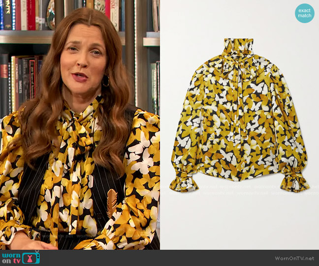 Saint Laurent Pussy-bow ruffled silk-satin jacquard blouse worn by Drew Barrymore on The Drew Barrymore Show