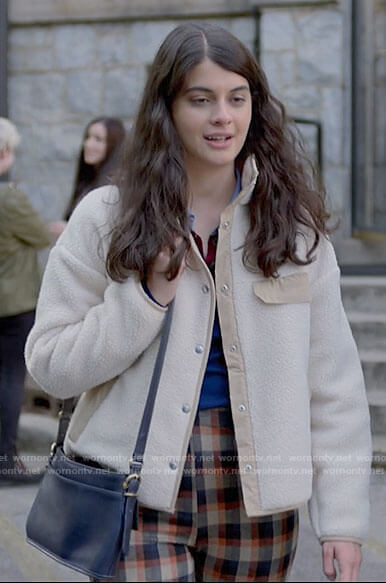Sam’s white and beige fleece jacket on Single Drunk Female