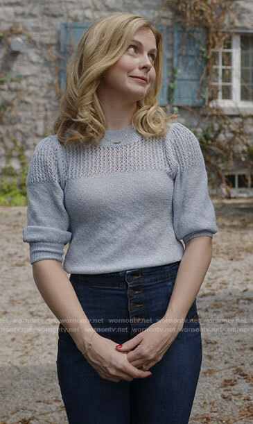 Sam’s blue pointelle sweater and button detail jeans on Ghosts