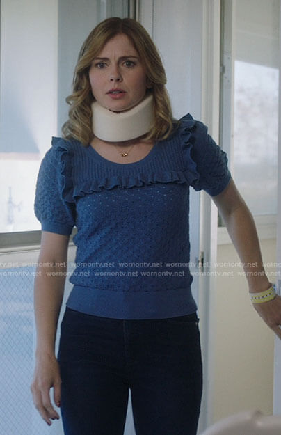 Sam’s blue ruffle short sleeve sweater on Ghosts