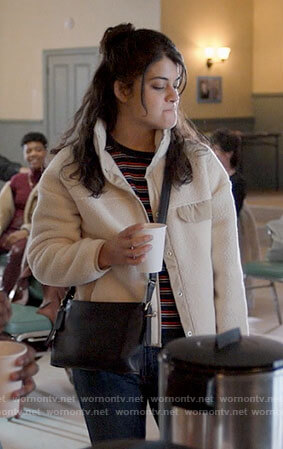 Sam’s white and beige fleece jacket on Single Drunk Female
