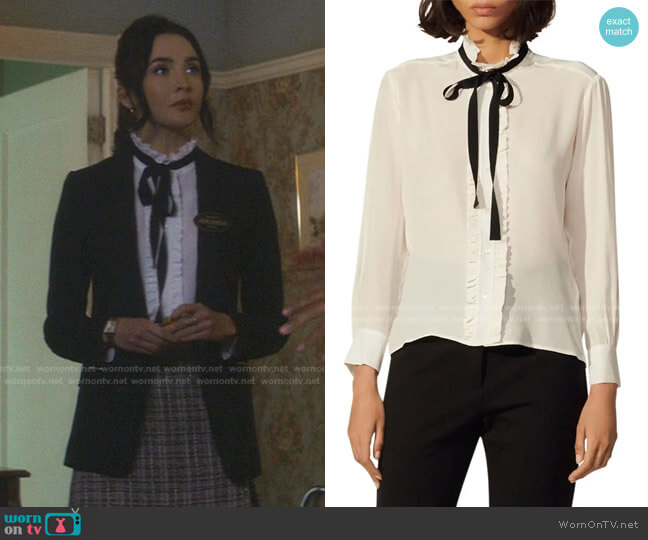 Sandro Hanni Tie Neck Silk Blouse worn by Bess (Maddison Jaizani) on Nancy Drew