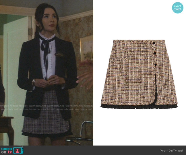 Sandro Tweed Ruffle-Trim Mini Skirt worn by Bess (Maddison Jaizani) on Nancy Drew