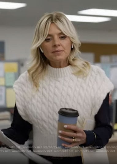 Sarah’s white cable knit sweater vest on Pivoting