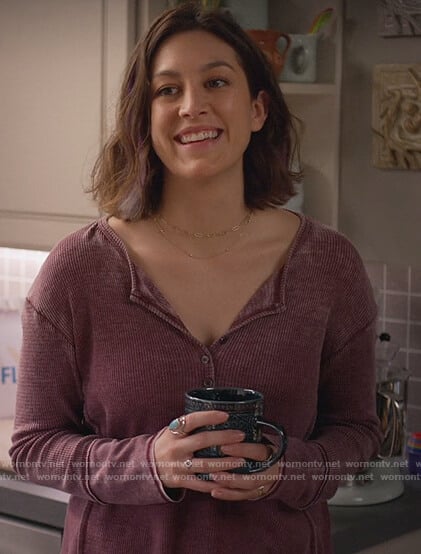 Sarah’s maroon henley top on Home Economics
