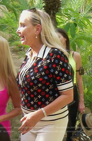 Shannon’s black Louis Vuitton logo sweater on The Real Housewives of Orange County
