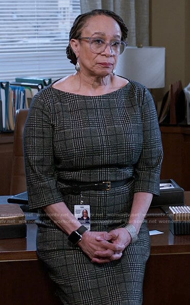 Sharon’s grey plaid sheath dress on Chicago Med