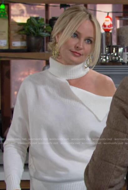 Sharon’s white turtleneck with cutout shoulder on The Young and the Restless