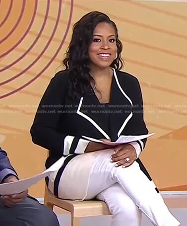 Sheinelle’s black contrast trim draped jacket on Today