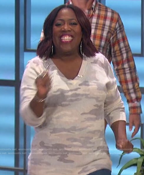 Sheryl’s camo print sweater on The Talk