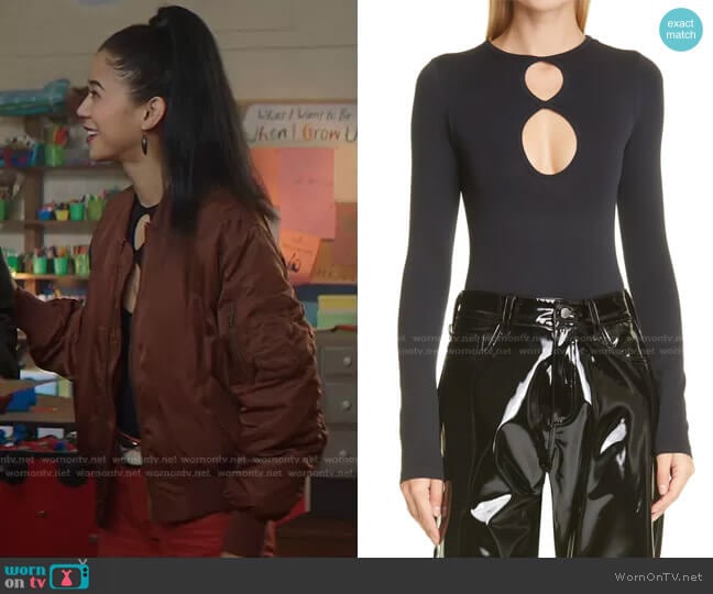 Simon Miller Asio Long Sleeve Cutout Bodysuit worn by George Fan (Leah Lewis) on Nancy Drew