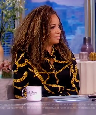 Sunny’s black chain print blouse on The View