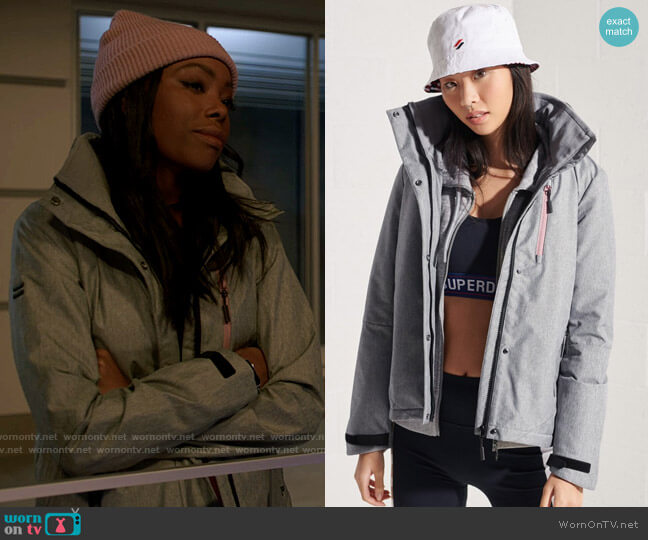 Superdry Hurricane Jacket in Grey Marl worn by Vanessa Taylor (Asjha Cooper) on Chicago Med