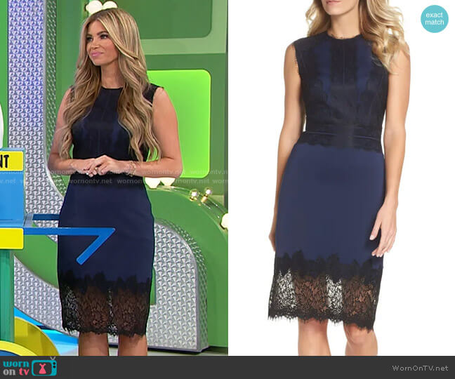 Tadashi Shoji Lace Trim Sheath Dress worn by Amber Lancaster on The Price is Right