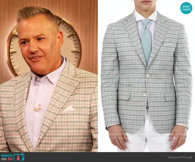 Tallia Slim-Fit Mint and Peach Plaid Blazer
