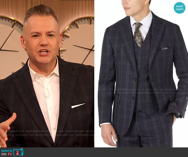 Tallia Slim-Fit Wool Plaid Suit Jacket worn by Ross Mathews on The Drew Barrymore Show