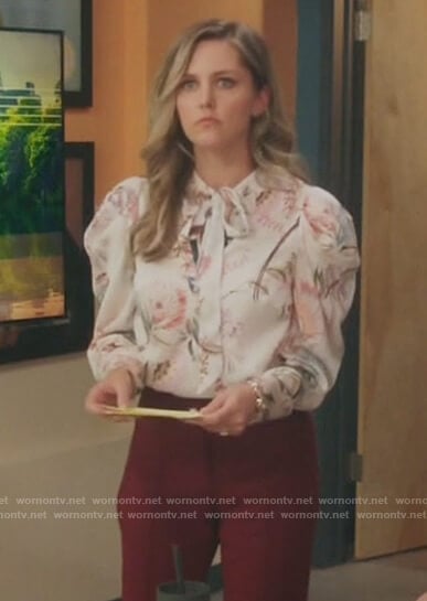Tami’s floral print tie neck blouse on Kenan