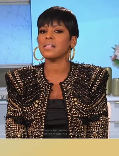 Tamron’s black studded jacket on Tamron Hall Show