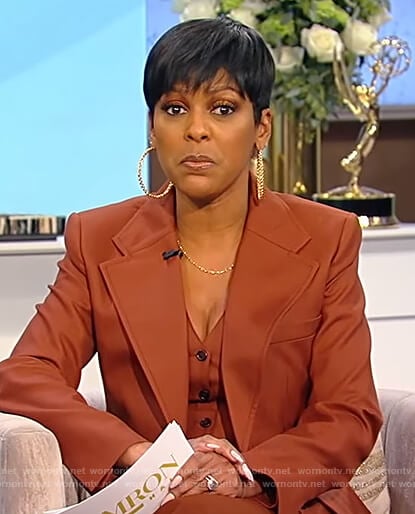 Tamron’s brown blazer and vest on Tamron Hall Show