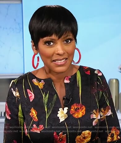 Tamron’s black floral print flare dress on Tamron Hall Show