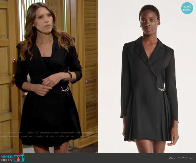 The Kooples Short Black Wrap Dress with Pleat & Chain worn by Chloe Mitchell (Elizabeth Hendrickson) on The Young and the Restless
