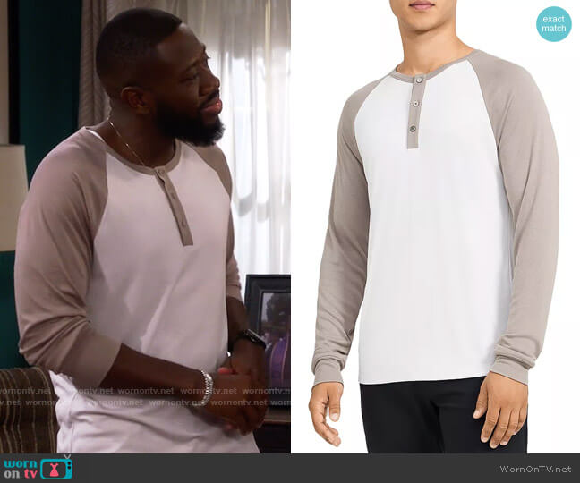 Theory Color Blocked Raglan Sleeve Henley worn by Malcom (Sheaun McKinney) on The Neighborhood