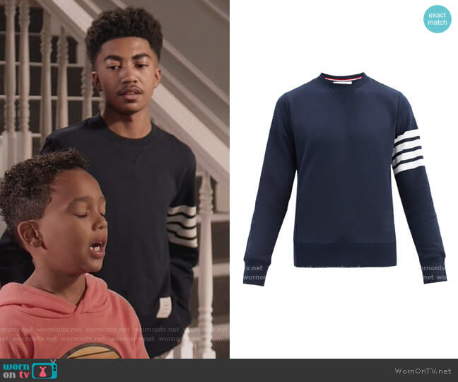 Thom Browne Four-bar intarsia-stripe cotton sweatshirt worn by Jack Johnson (Miles Brown) on Black-ish
