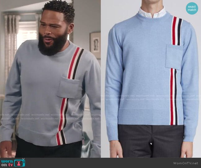 Thom Browne RWB Intarsia Vertical Stripe Pocket Sweater worn by Andre Johnson (Anthony Anderson) on Black-ish
