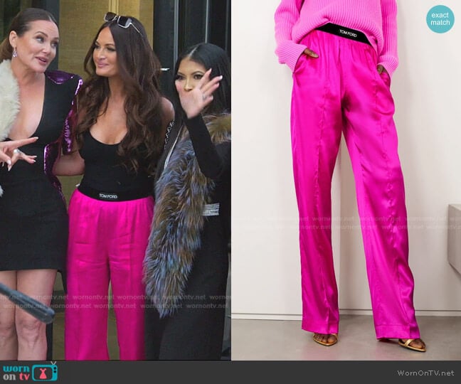 Tom Ford Velvet-Trimmed Stretch-Silk Satin Pants worn by Lisa Barlow on The Real Housewives of Salt Lake City