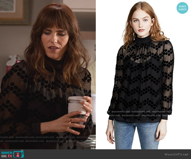 Tory Burch Velvet Devore Dot Embroidered Top worn by Marina (Karla Souza) on Home Economics
