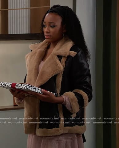 Trina’s black shearling trim jacket on General Hospital