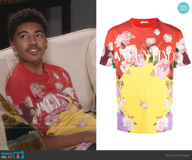 Valentino Flying Flowers Printed T-shirt worn by Jack Johnson (Miles Brown) on Black-ish