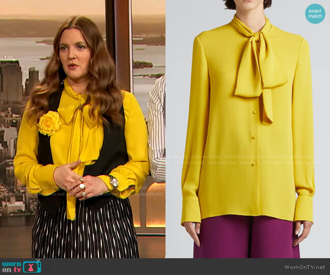 Valentino Crepe De Chine Tie-Neck Blouse worn by Drew Barrymore on The Drew Barrymore Show