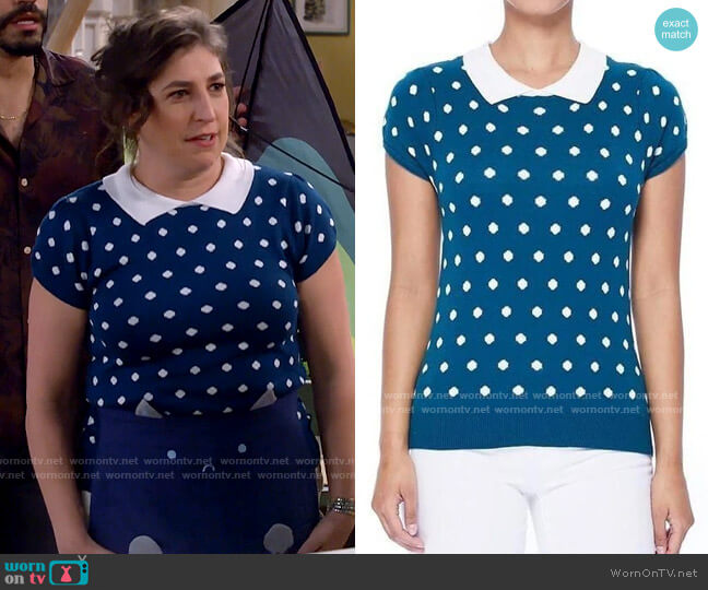 Varga Pretty In Polka Dot Collar Top Teal worn by Kat Silver (Mayim Bialik) on Call Me Kat