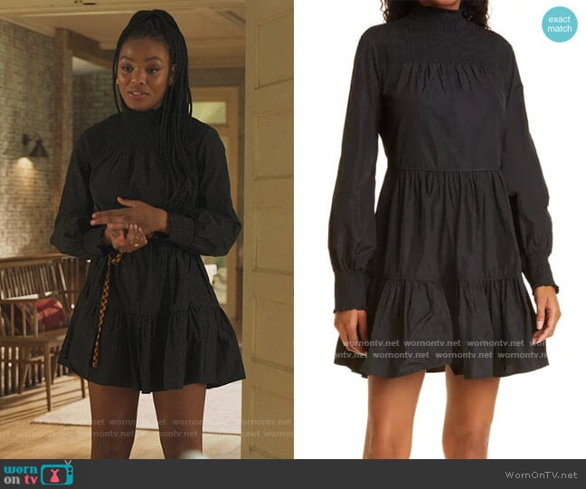 Veronica Beard Vigore Smocked Ruffle Long Sleeve Minidress worn by Nikki Vaughn (Alana Bright) on Our Kind of People