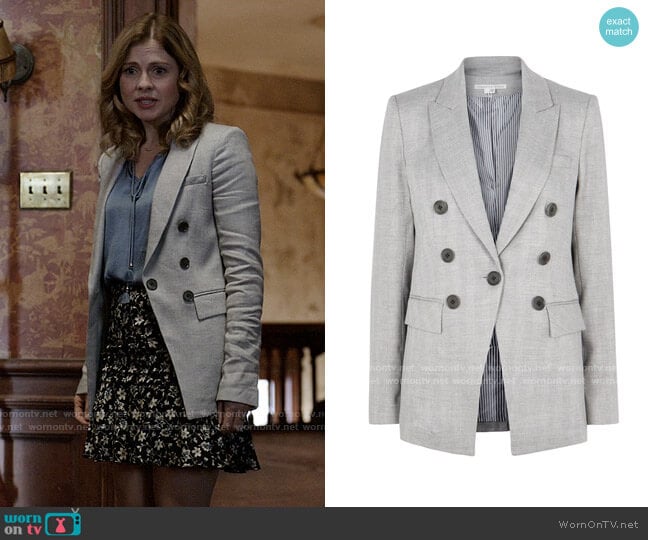 Veronica Beard Gaya Dickey Jacket in Grey Herringbone worn by Sam (Rose McIver) on Ghosts