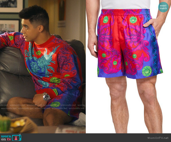 Versace Barocco Garden Medusa-Print Silk Shorts worn by Vivek Shah (Jordan Buhat) on Grown-ish