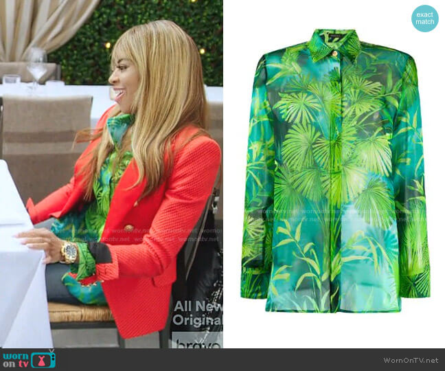 Versace Jungle Print Silk Shirt worn by Mary Cosby on The Real Housewives of Salt Lake City